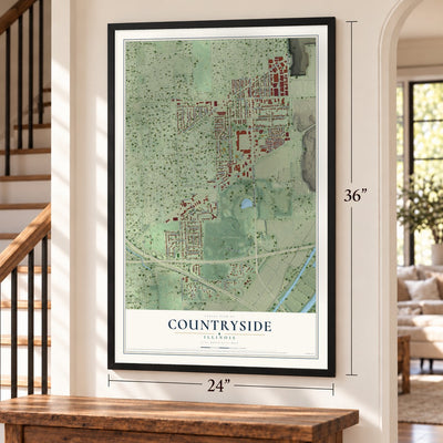 Countryside, Illinois map, 24 x 36 inch print in a black frame by a staircase