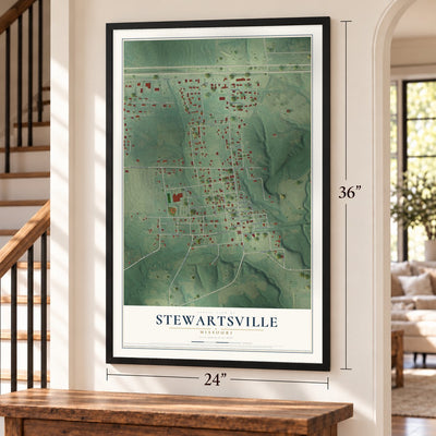 Stewartsville, Missouri map, 24 x 36 inch print in a black frame by a staircase