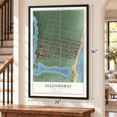 Allenhurst, New Jersey map, 24 x 36 inch print in a black frame by a staircase