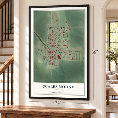 Scales Mound, Illinois map, 24 x 36 inch print in a black frame by a staircase