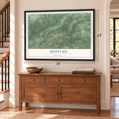 Mount Joy, Lancaster County, Pennsylvania map, 24 x 36 inch print in a black frame above a dresser by a staircase