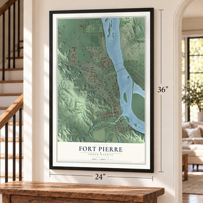 Fort Pierre, South Dakota map, 24 x 36 inch print in a black frame by a staircase