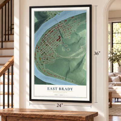 East Brady, Pennsylvania map, 24 x 36 inch print in a black frame by a staircase