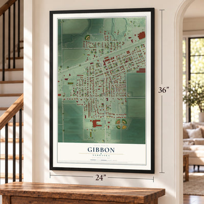 Gibbon, Nebraska map, 24 x 36 inch print in a black frame by a staircase