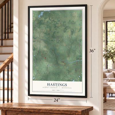 Hastings, Barry County, Michigan map, 24 x 36 inch print in a black frame by a staircase