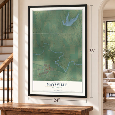 Maysville, Oklahoma map, 24 x 36 inch print in a black frame by a staircase