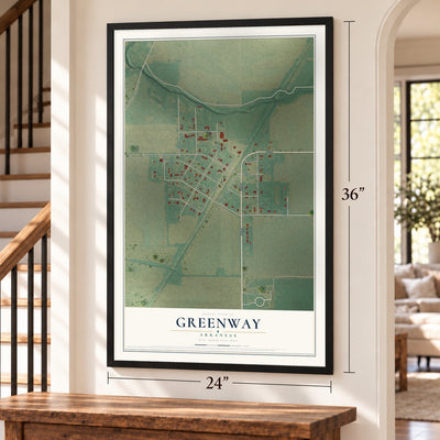 Greenway, Arkansas map, 24 x 36 inch print in a black frame by a staircase
