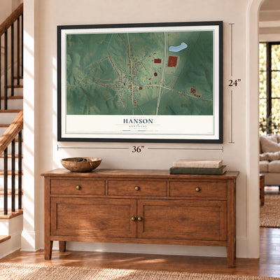 Hanson, Kentucky map, 24 x 36 inch print in a black frame above a dresser by a staircase