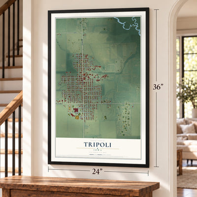 Tripoli, Iowa map, 24 x 36 inch print in a black frame by a staircase