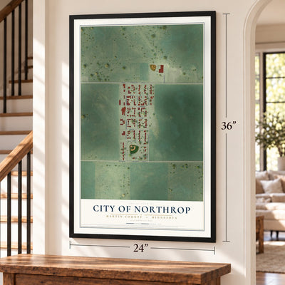 Northrop, Minnesota map, 24 x 36 inch print in a black frame by a staircase