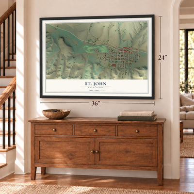 St. John, Washington map, 24 x 36 inch print in a black frame above a dresser by a staircase