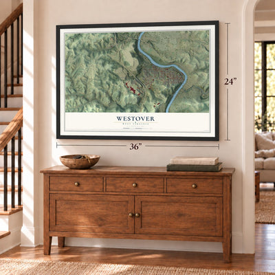 Westover, West Virginia map, 24 x 36 inch print in a black frame above a dresser by a staircase