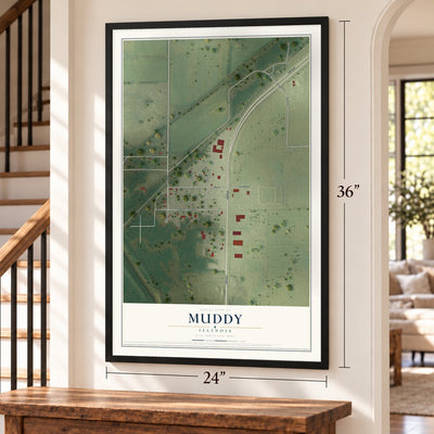 Muddy, Illinois map, 24 x 36 inch print in a black frame by a staircase
