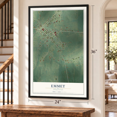 Emmet, Arkansas map, 24 x 36 inch print in a black frame by a staircase