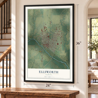Ellsworth, Kansas map, 24 x 36 inch print in a black frame by a staircase