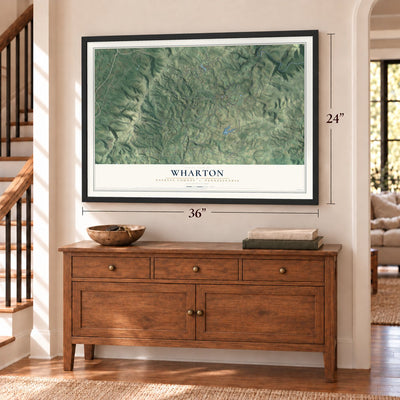 Wharton, Fayette County, Pennsylvania map, 24 x 36 inch print in a black frame above a dresser by a staircase