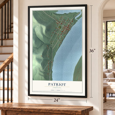 Patriot, Indiana map, 24 x 36 inch print in a black frame by a staircase
