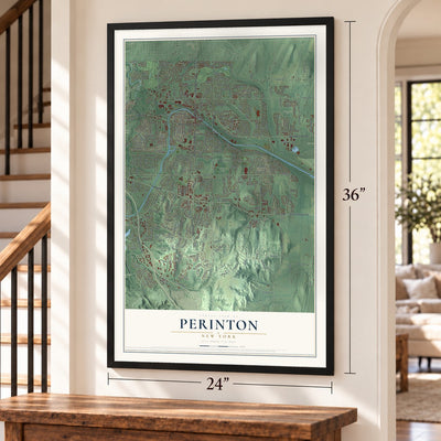 Perinton, New York map, 24 x 36 inch print in a black frame by a staircase