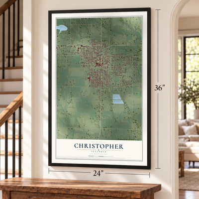 Christopher, Illinois map, 24 x 36 inch print in a black frame by a staircase