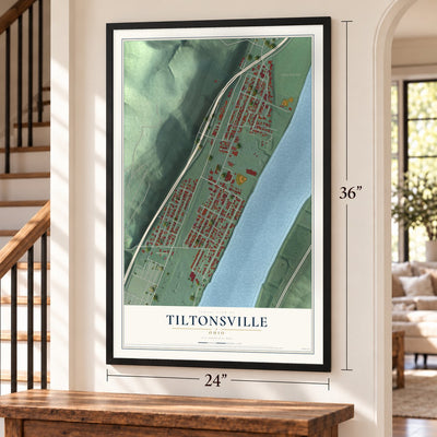 Tiltonsville, Ohio map, 24 x 36 inch print in a black frame by a staircase