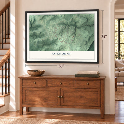 Fairmount, Tennessee map, 24 x 36 inch print in a black frame above a dresser by a staircase