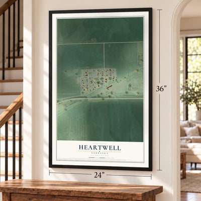 Heartwell, Nebraska map, 24 x 36 inch print in a black frame by a staircase