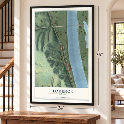 Florence, Illinois map, 24 x 36 inch print in a black frame by a staircase