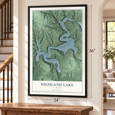 Highland Lake, Alabama map, 24 x 36 inch print in a black frame by a staircase