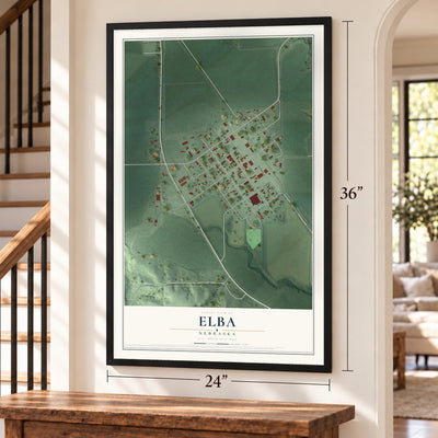 Elba, Nebraska map, 24 x 36 inch print in a black frame by a staircase