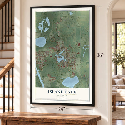 Island Lake, Illinois map, 24 x 36 inch print in a black frame by a staircase