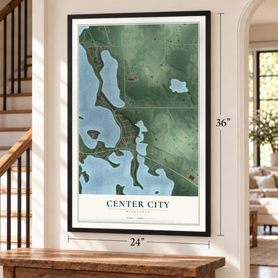 Center City, Minnesota map, 24 x 36 inch print in a black frame by a staircase
