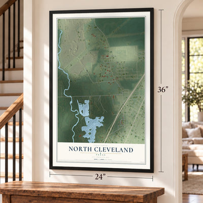 North Cleveland, Texas map, 24 x 36 inch print in a black frame by a staircase