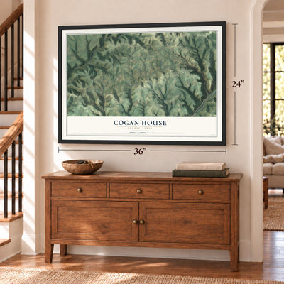 Cogan House, Pennsylvania map, 24 x 36 inch print in a black frame above a dresser by a staircase