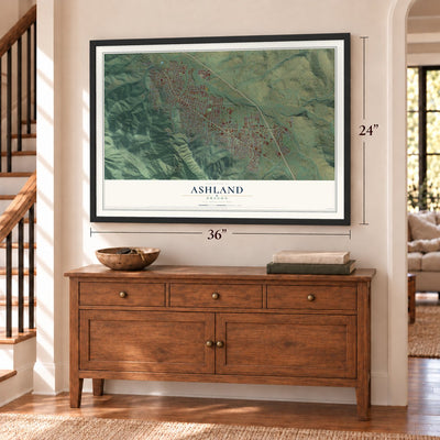 Ashland, Oregon map, 24 x 36 inch print in a black frame above a dresser by a staircase