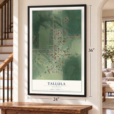 Tallula, Illinois map, 24 x 36 inch print in a black frame by a staircase