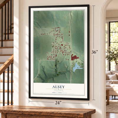 Alsey, Illinois map, 24 x 36 inch print in a black frame by a staircase