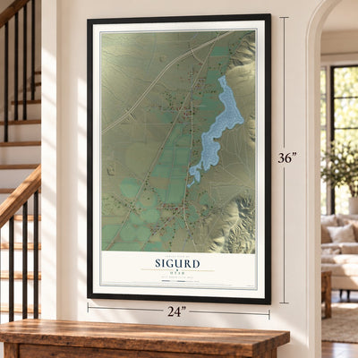 Sigurd, Utah map, 24 x 36 inch print in a black frame by a staircase
