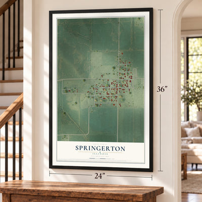 Springerton, Illinois map, 24 x 36 inch print in a black frame by a staircase