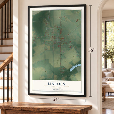 Lincoln, Delaware map, 24 x 36 inch print in a black frame by a staircase