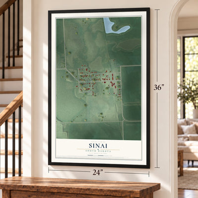 Sinai, South Dakota map, 24 x 36 inch print in a black frame by a staircase