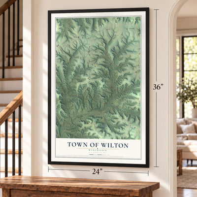 Town of Wilton, Wisconsin map, 24 x 36 inch print in a black frame by a staircase