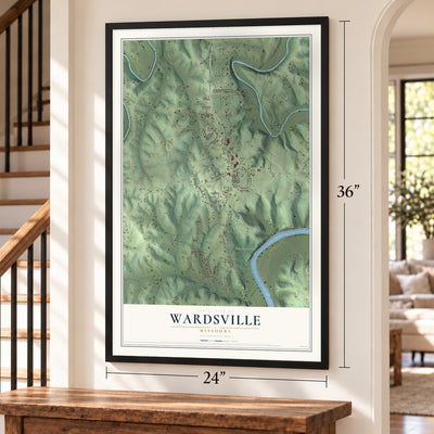 Wardsville, Missouri map, 24 x 36 inch print in a black frame by a staircase