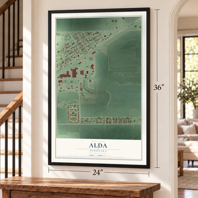 Alda, Nebraska map, 24 x 36 inch print in a black frame by a staircase