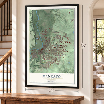 Mankato, Minnesota map, 24 x 36 inch print in a black frame by a staircase