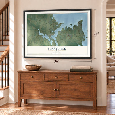 Berryville, Texas map, 24 x 36 inch print in a black frame above a dresser by a staircase