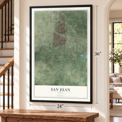 San Juan, Texas map, 24 x 36 inch print in a black frame by a staircase