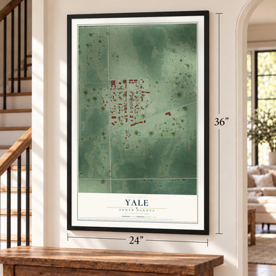 Yale, South Dakota map, 24 x 36 inch print in a black frame by a staircase