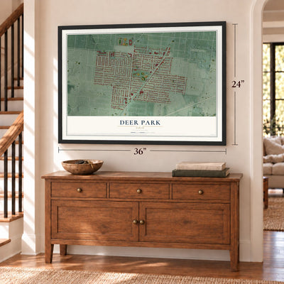 Deer Park, Ohio map, 24 x 36 inch print in a black frame above a dresser by a staircase