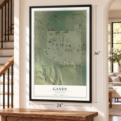 Gandy, Nebraska map, 24 x 36 inch print in a black frame by a staircase