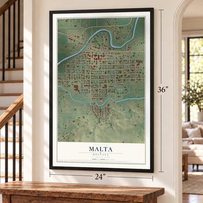 Malta, Montana map, 24 x 36 inch print in a black frame by a staircase